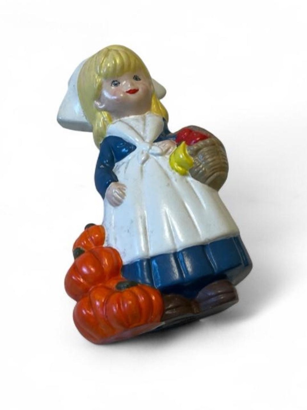 Vintage Pilgrim Girl Pumpkin Harvest Fall Thanksgiving Ceramic 6" Figurine